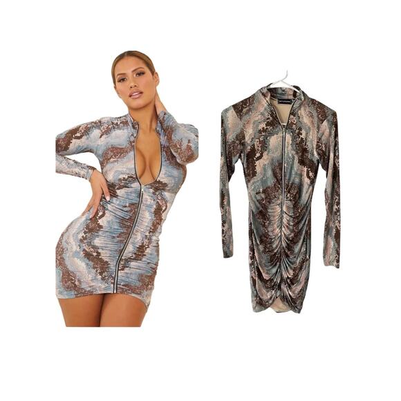 Prettylittlething Blue Snake Print Slinky Zip Front Collar Bodycon Dress Size 4 - Picture 1 of 12